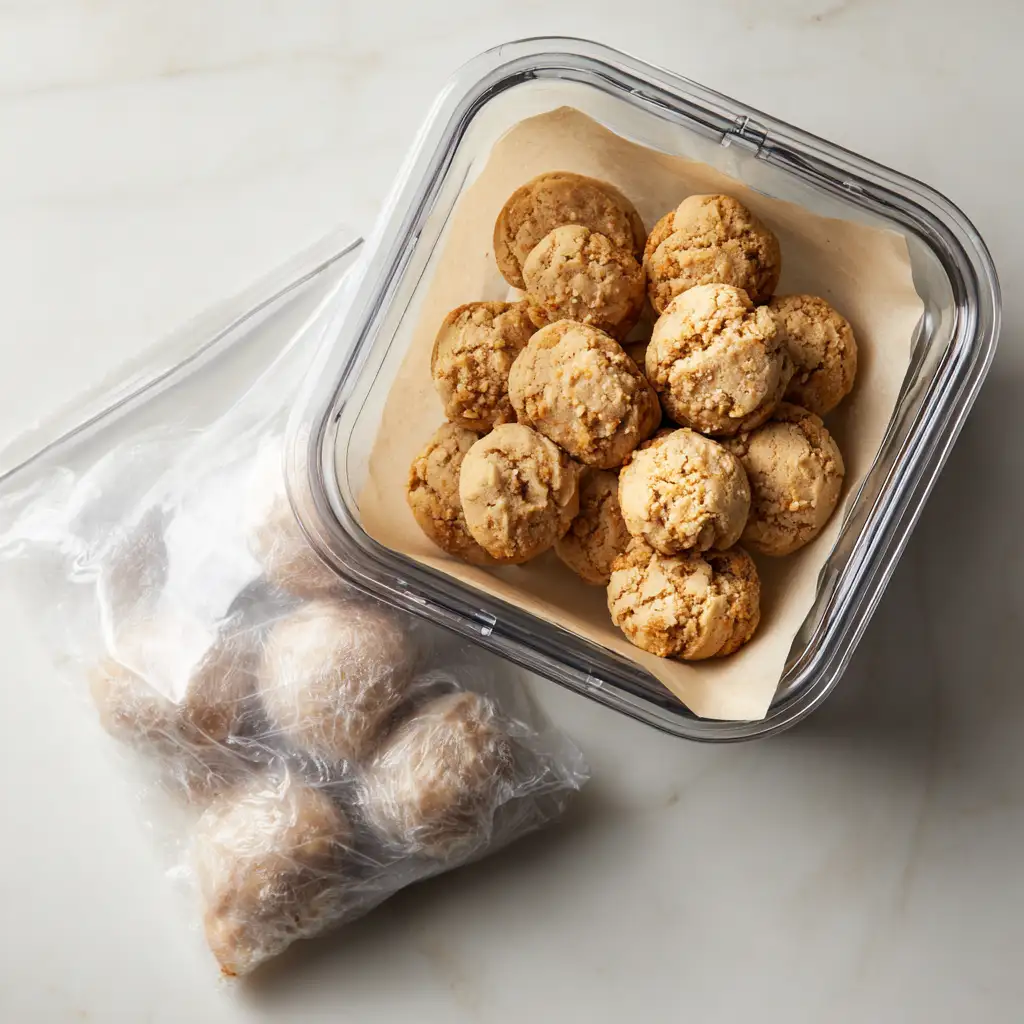Peanut butter cookies in a storage container and cookie dough balls in a freezer bag.