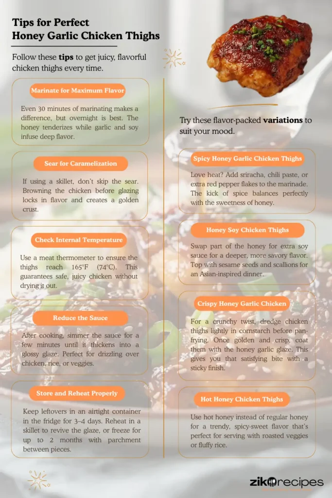 Illustrated infographic showing marinade, cooking, variations, and storage tips