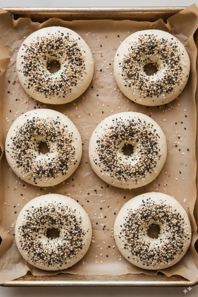 Six unbaked protein bagels topped with everything seasoning arranged on a parchment-lined baking tray.