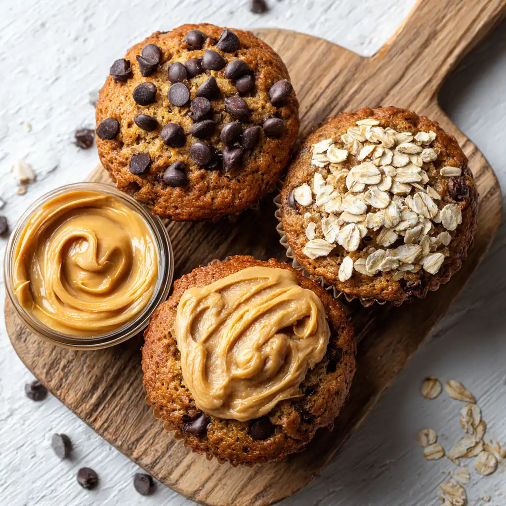 Chocolate chip, peanut butter, and vegan banana muffins variations