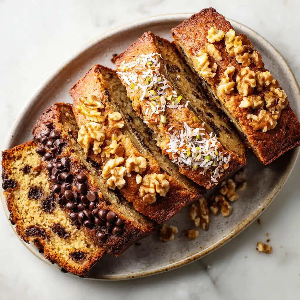 Chocolate chip, nutty, and coconut banana bread slices on a platter