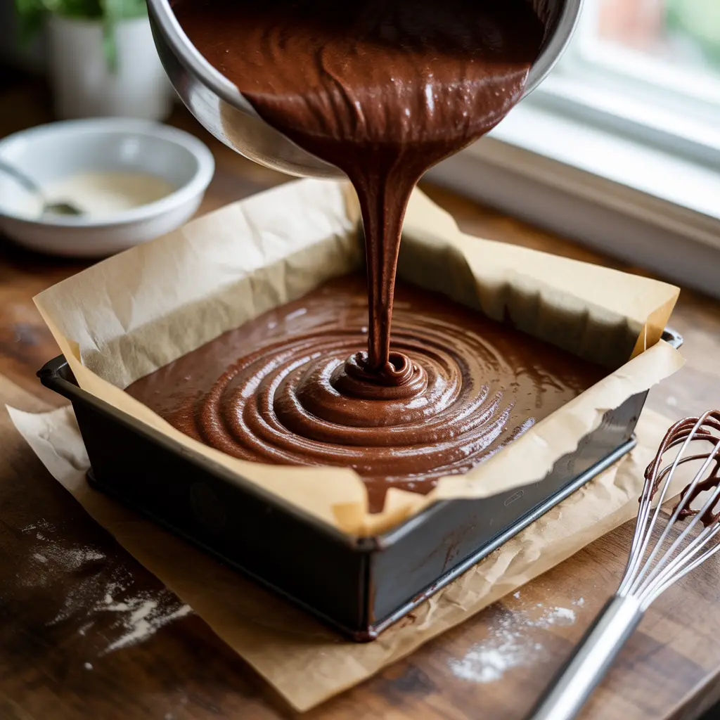 Vegan Brownie Recipe: batter poured into a lined baking pan, ready to bake in the oven.