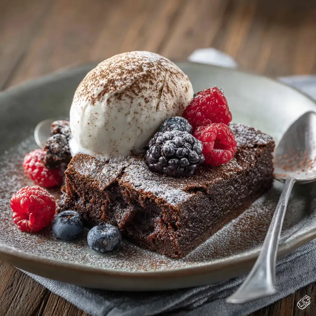 Plated Vegan Brownies with cocoa dust and ice cream.