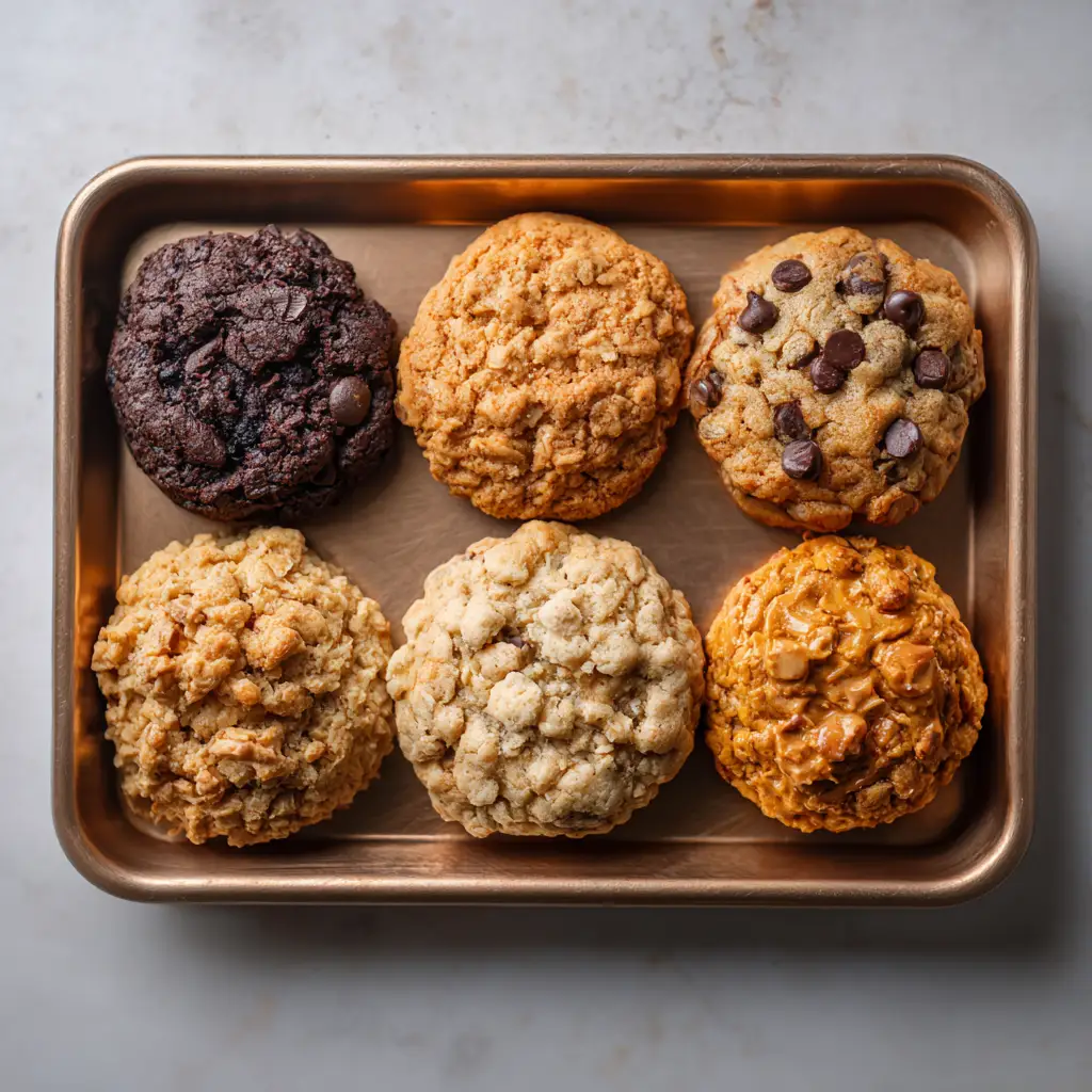 Assorted vegan chocolate chip cookie variations displayed on a tray.