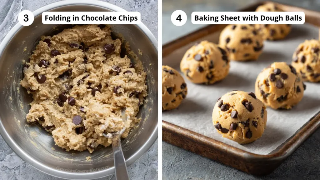 Folding dairy-free chocolate chips into vegan cookie dough and scooping dough balls onto a baking sheet lined with parchment paper.