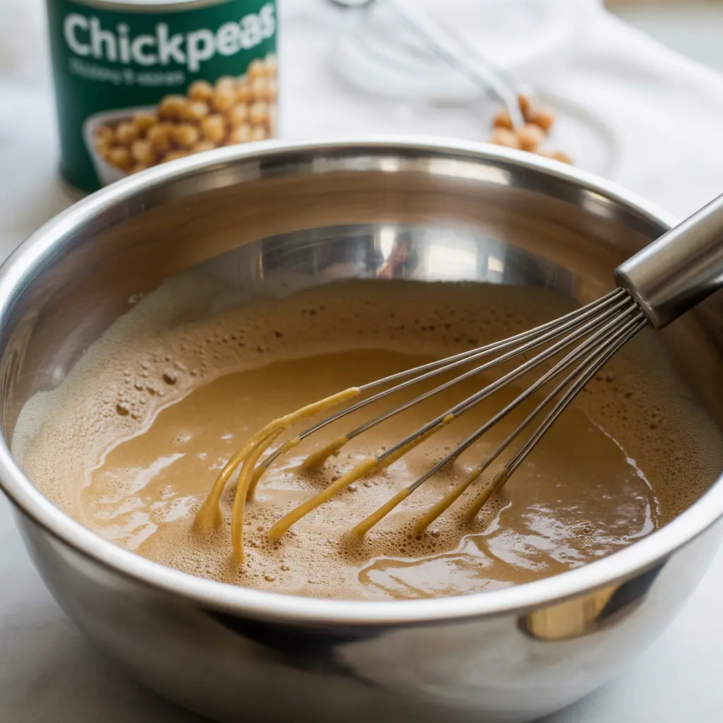 Whipped aquafaba in a mixing bowl with a whisk, used as an egg substitute for Vegan Brownie Recipe.