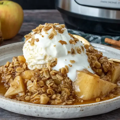 Crock pot apple crisp with crisp oat topping, served warm with vanilla ice cream.