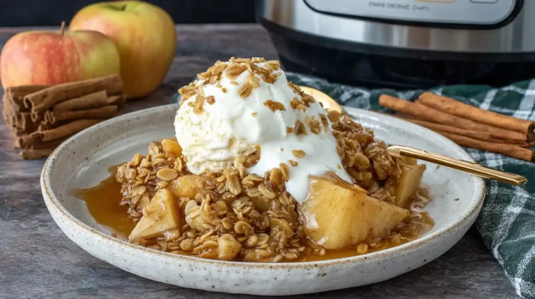 Crock pot apple crisp with crisp oat topping, served warm with vanilla ice cream.