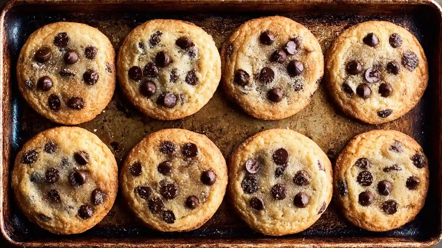 Stack of gooey vegan chocolate chip cookies on parchment.