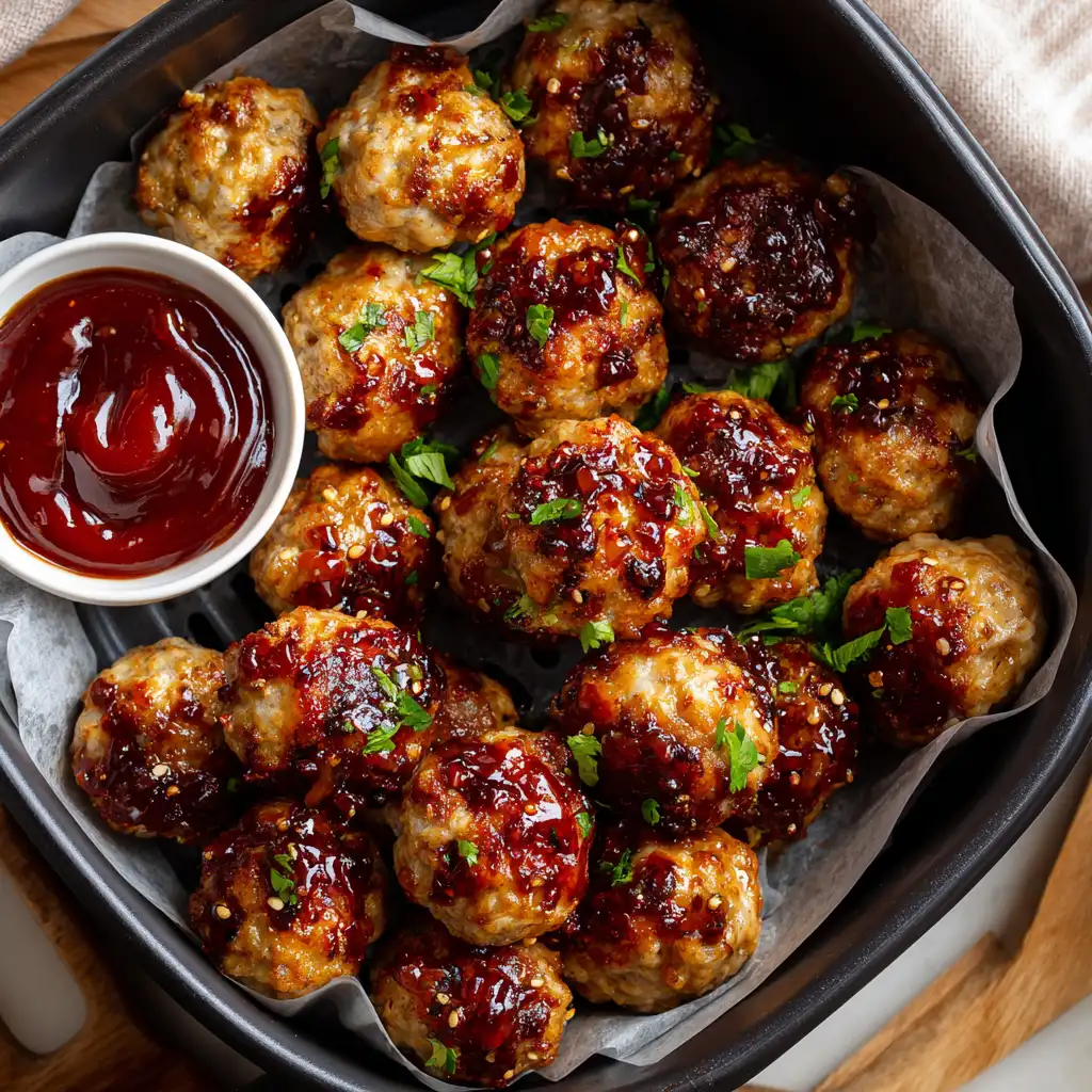 Air fryer basket filled with Sticky Asian Meatballs and dipping sauce.