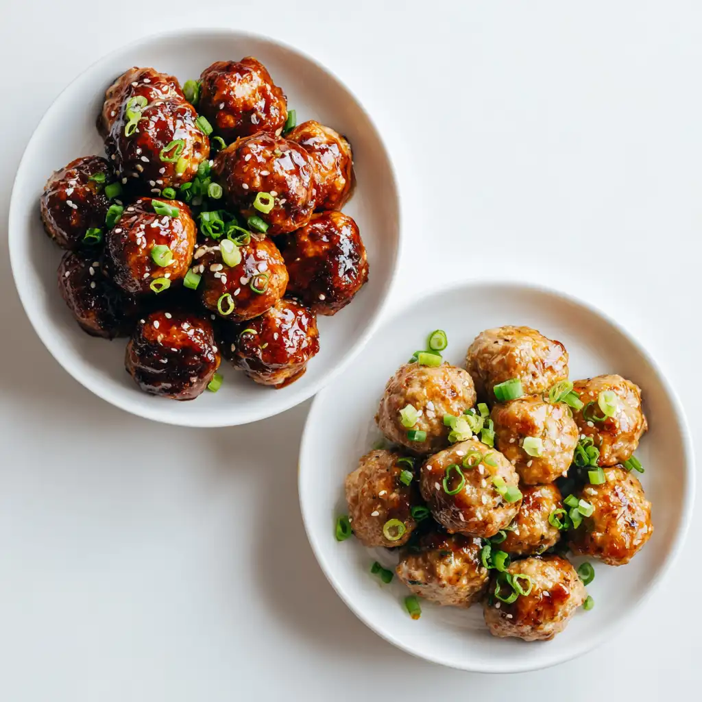 Asian Chicken Meatballs and Asian Turkey Meatballs on separate plates.