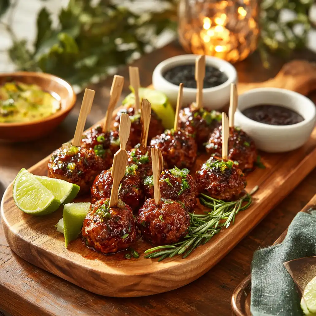 Sticky Asian Meatballs served on skewers with herbs and dipping sauces.