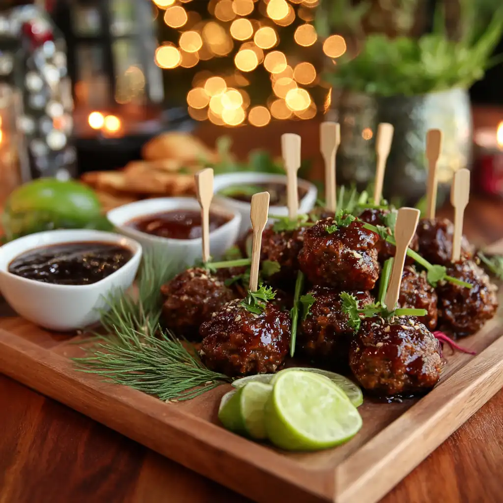 Appetizer platter with glazed meatballs on skewers, herbs, and dipping sauces arranged for a party