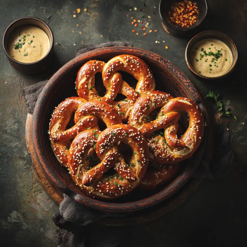 baked spicy pretzels in bowl served with mustard dip