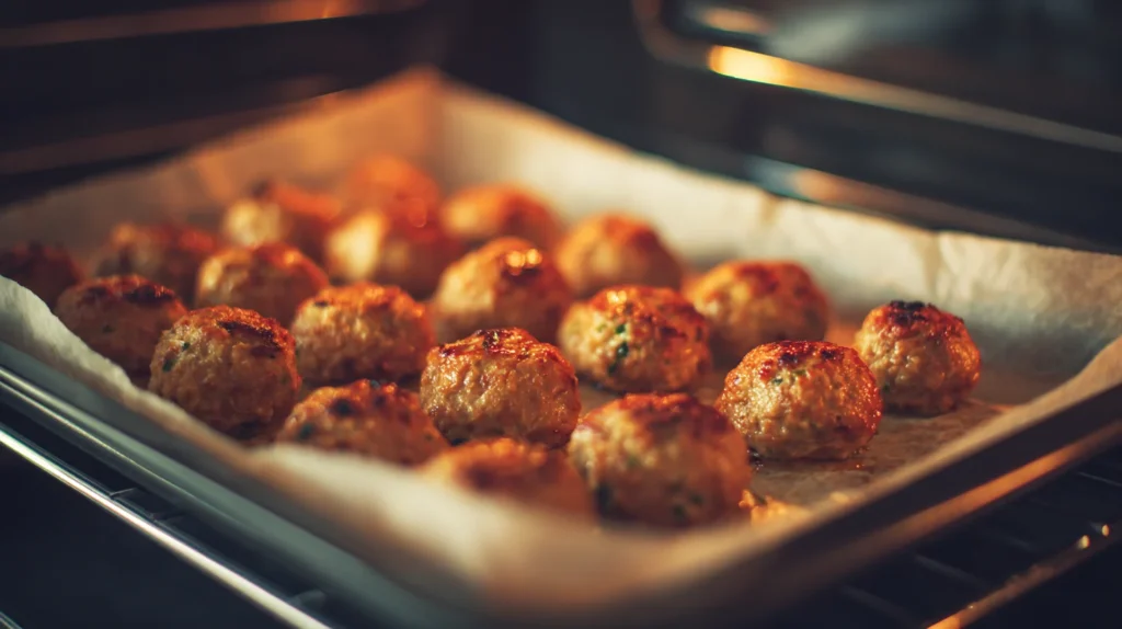 Baked Meatballs on parchment with golden brown edges.