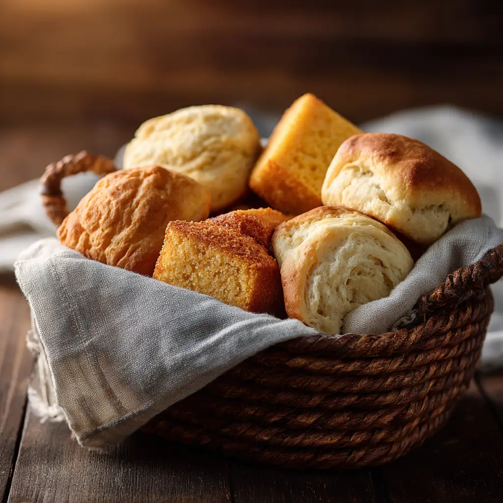 Basket filled with assorted dinner rolls, cornbread, and biscuits on a rustic wooden table with a linen napkin