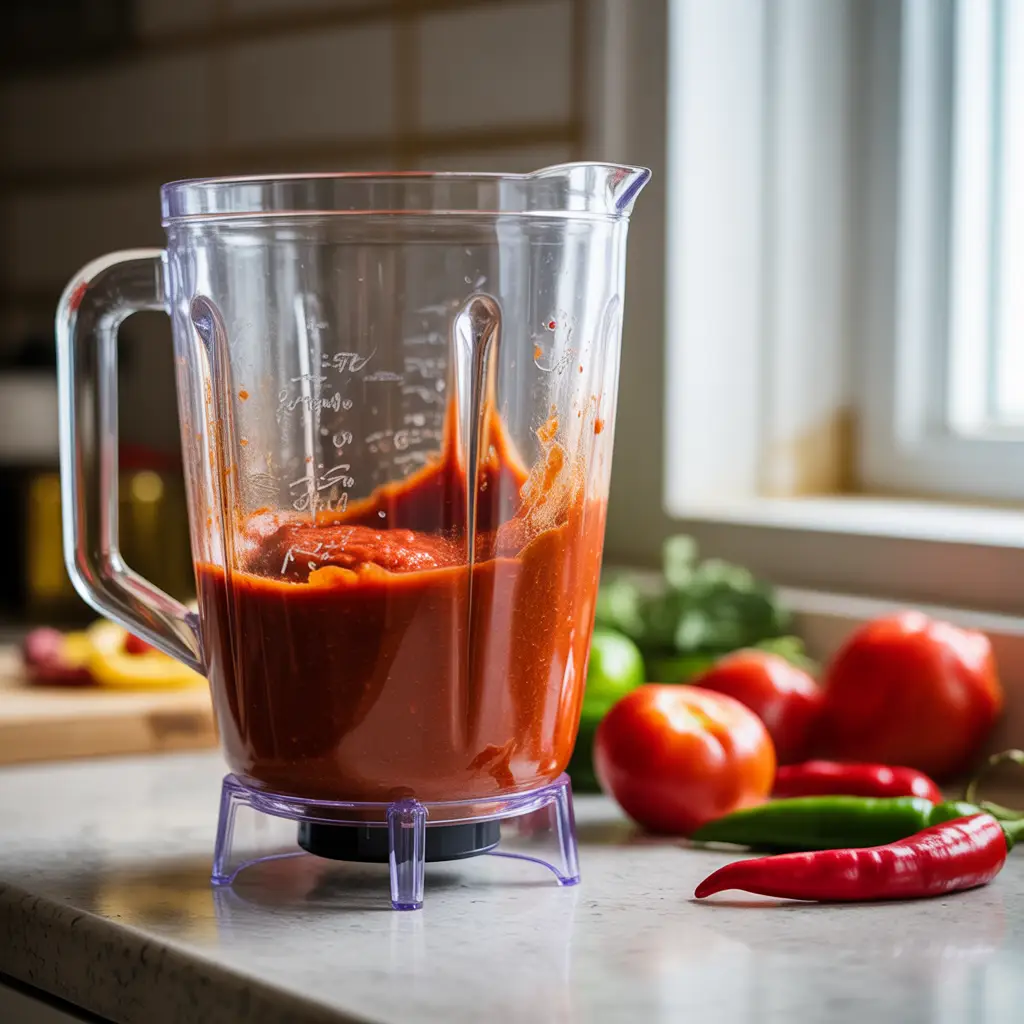 Blender blending tomato chili mixture for El Pato sauce