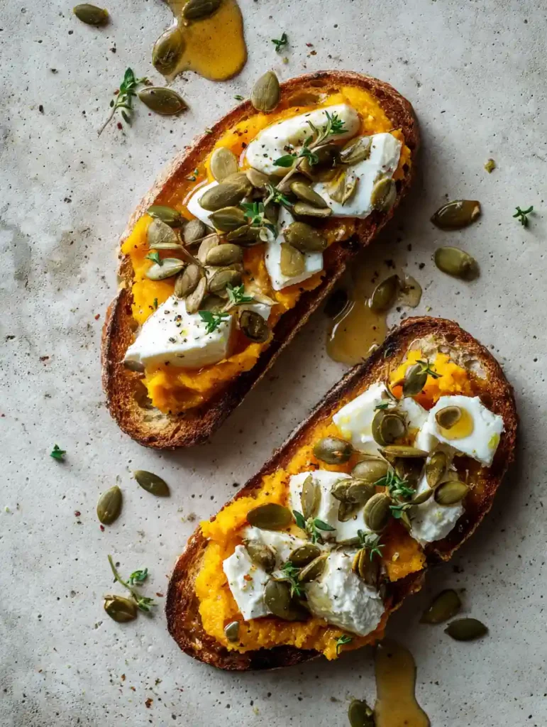 Butternut toasts with feta, honey, and pumpkin seeds for Halloween party appetizers Make-ahead.
