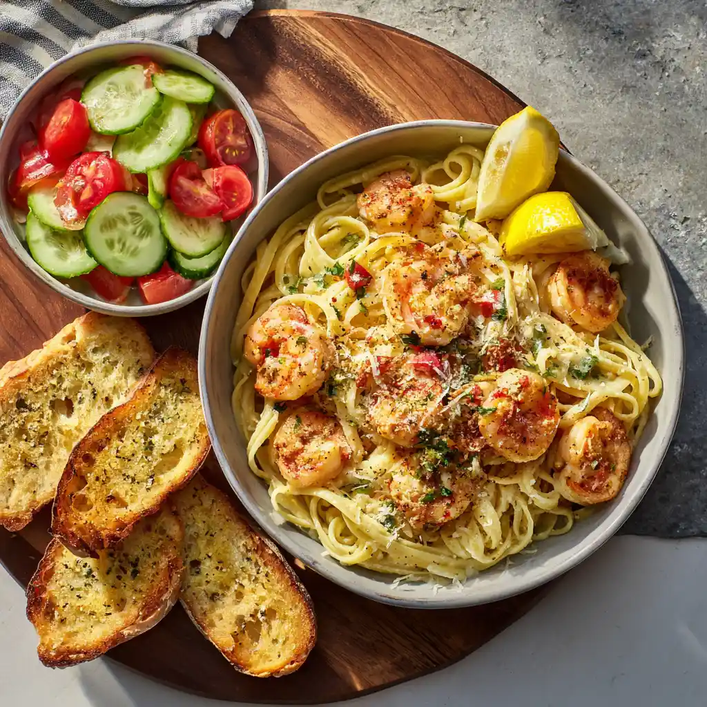 Cajun Shrimp Pasta served with salad and garlic bread on a modern board