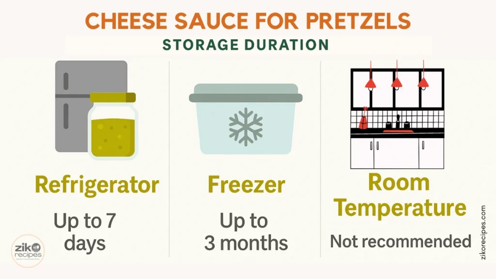 Infographic showing how to store cheese sauce for pretzels safely in the refrigerator for up to 7 days, freezer for up to 3 months, and not at room temperature.