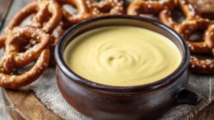 Bowl of creamy golden cheese sauce surrounded by soft salted pretzels on a wooden board, showing the perfect dip for homemade pretzels.