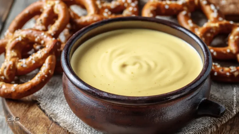 Bowl of creamy golden cheese sauce surrounded by soft salted pretzels on a wooden board, showing the perfect dip for homemade pretzels.