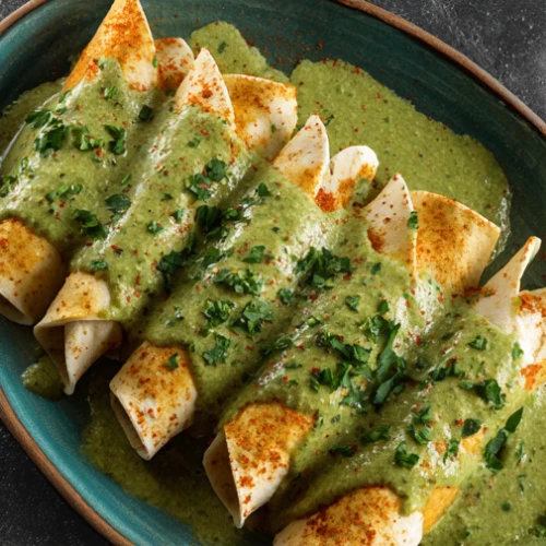 Plate of enchiladas topped with homemade green enchilada sauce and fresh cilantro