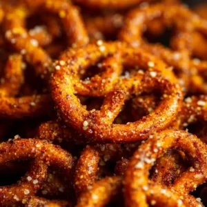close up of seasoned spicy pretzels with garlic and cayenne coating