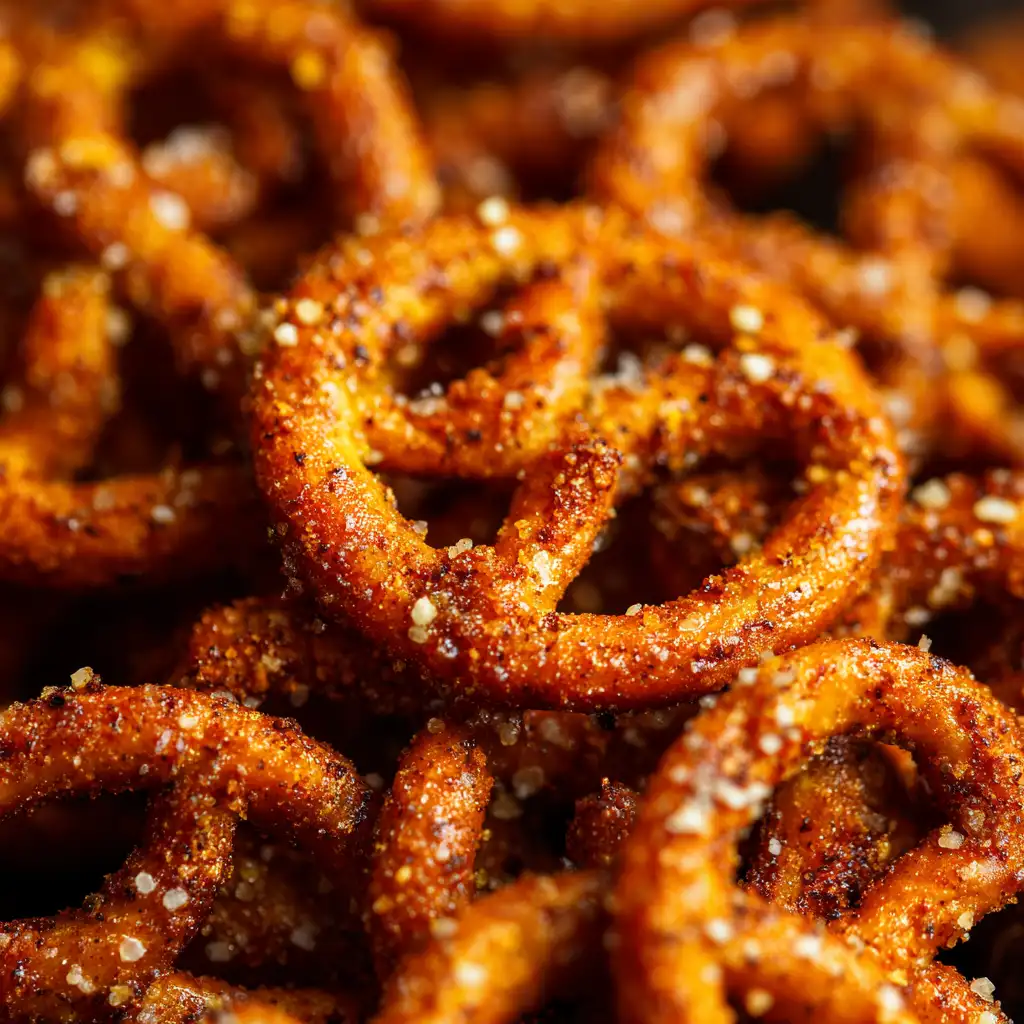 close up of seasoned spicy pretzels with garlic and cayenne coating
