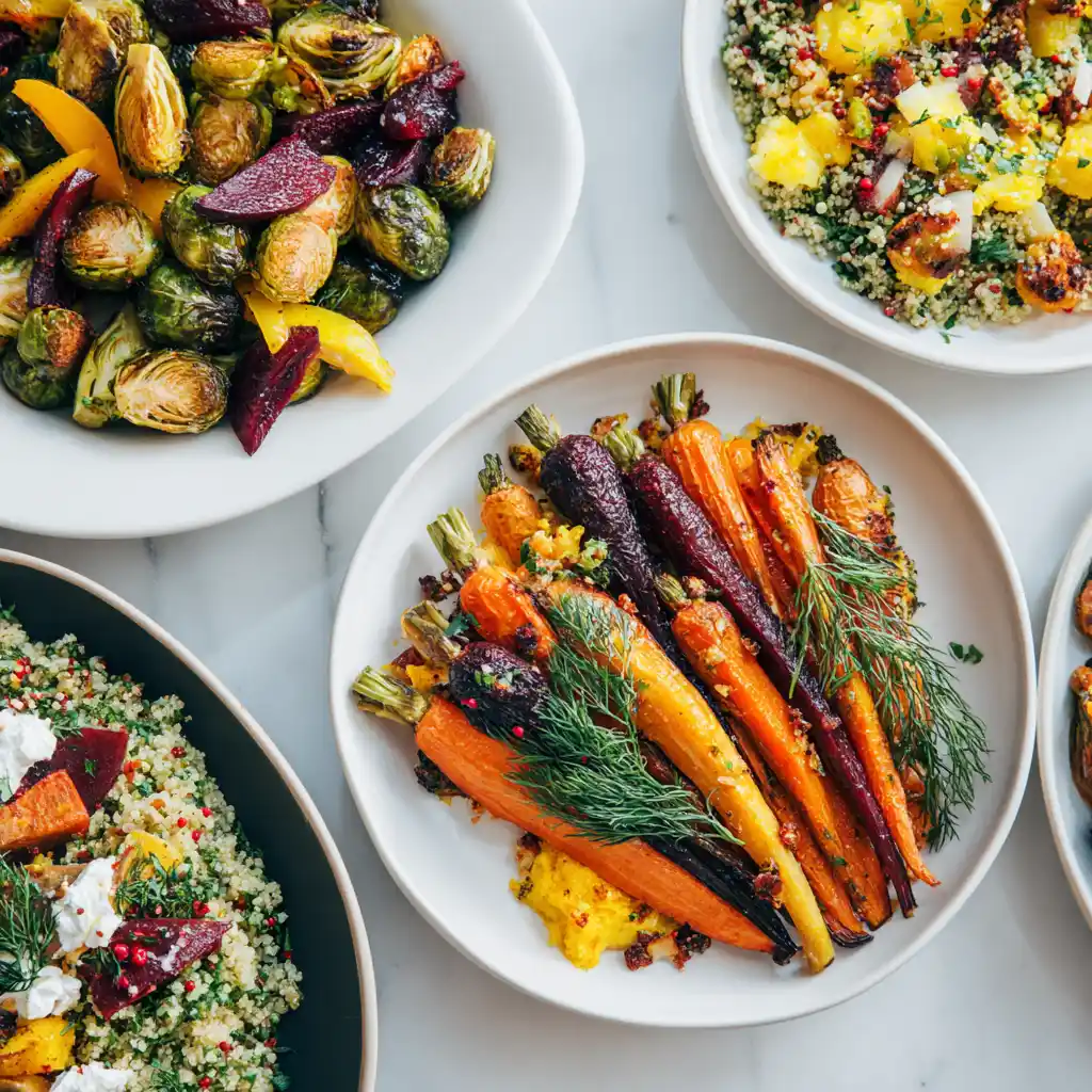 Assorted colorful vegan Thanksgiving sides including roasted vegetables and quinoa salad on modern plates in bright natural light