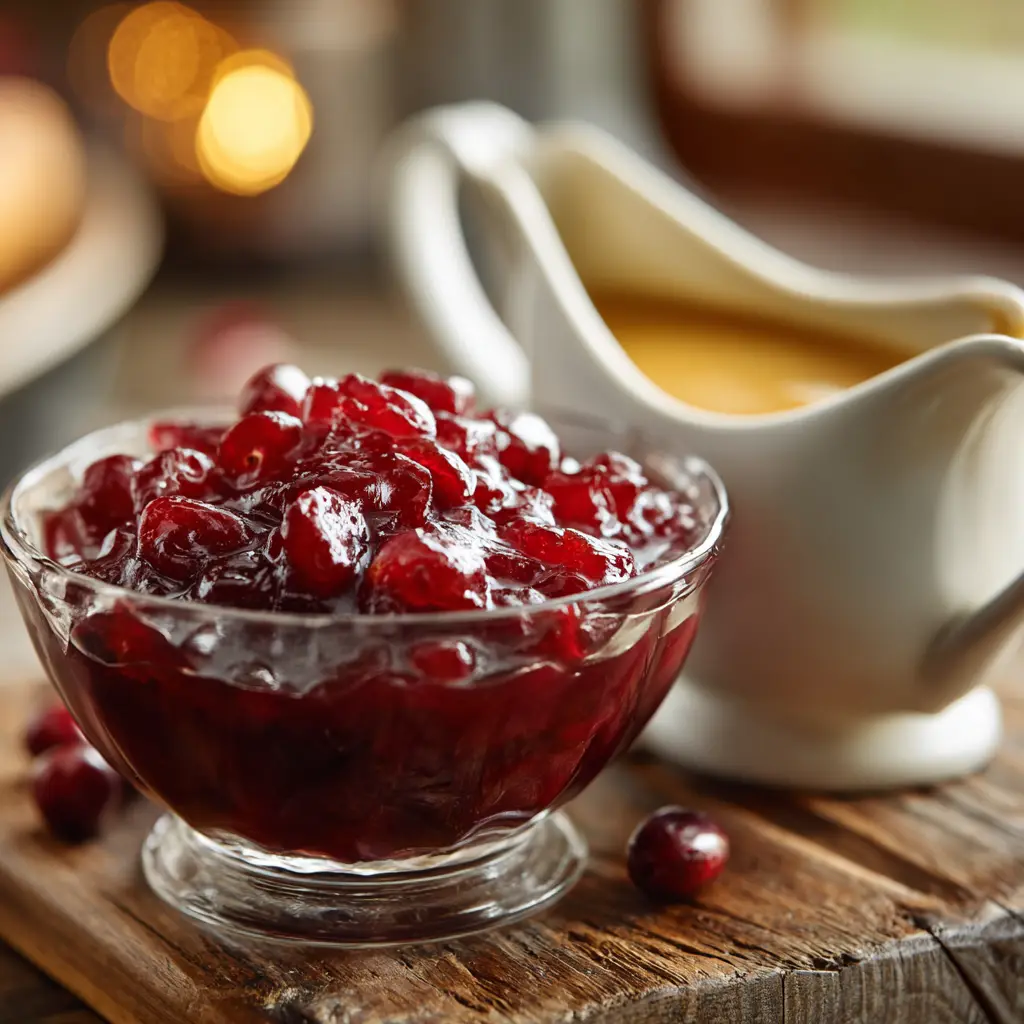 Cranberry sauce in a glass bowl beside a gravy boat filled with turkey gravy, photographed in warm light close-up