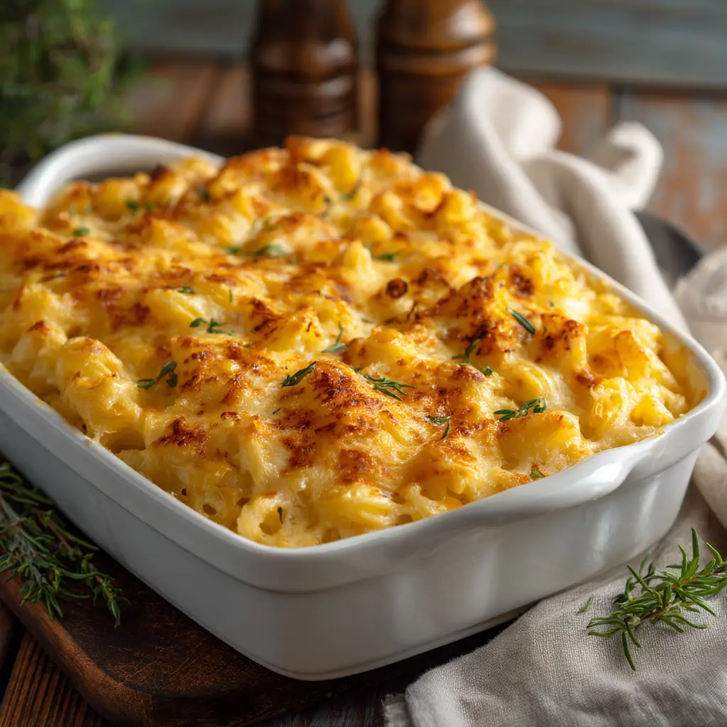 Creamy baked macaroni and cheese or corn casserole in a white ceramic dish with a golden crust