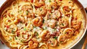 Creamy Cajun shrimp pasta with seared shrimp and lemon garnish in a ceramic plate.