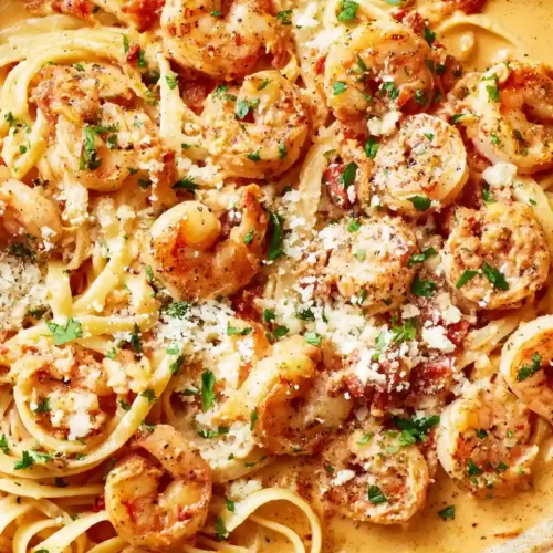 Creamy Cajun shrimp pasta with seared shrimp and lemon garnish in a ceramic plate.