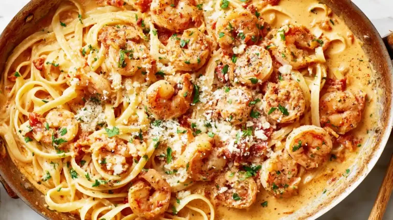 Creamy Cajun shrimp pasta with seared shrimp and lemon garnish in a ceramic plate.