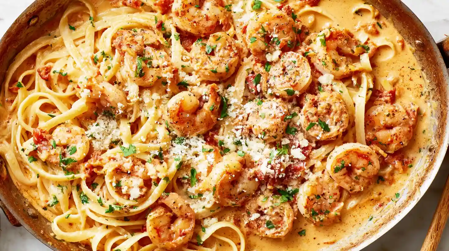 Creamy Cajun shrimp pasta with seared shrimp and lemon garnish in a ceramic plate.