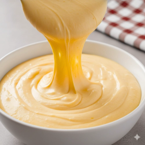 Thick and creamy cheese sauce being poured into a white bowl, showing the smooth texture of homemade cheese sauce for pretzels.