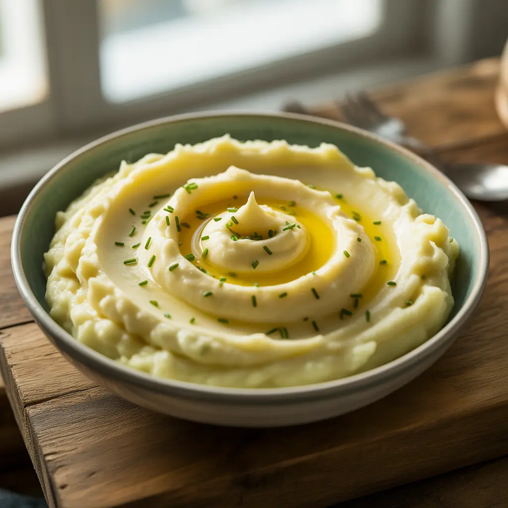 Bowl of creamy mashed potatoes topped with butter and chives, a classic Thanksgiving side dish