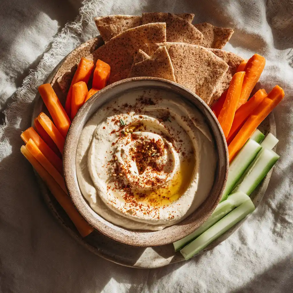 Creamy tahini dip with lemon, paprika, and fresh crudités