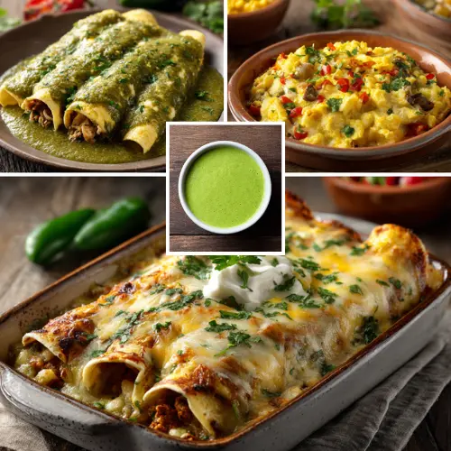Enchiladas, eggs, and casserole topped with green enchilada sauce.
