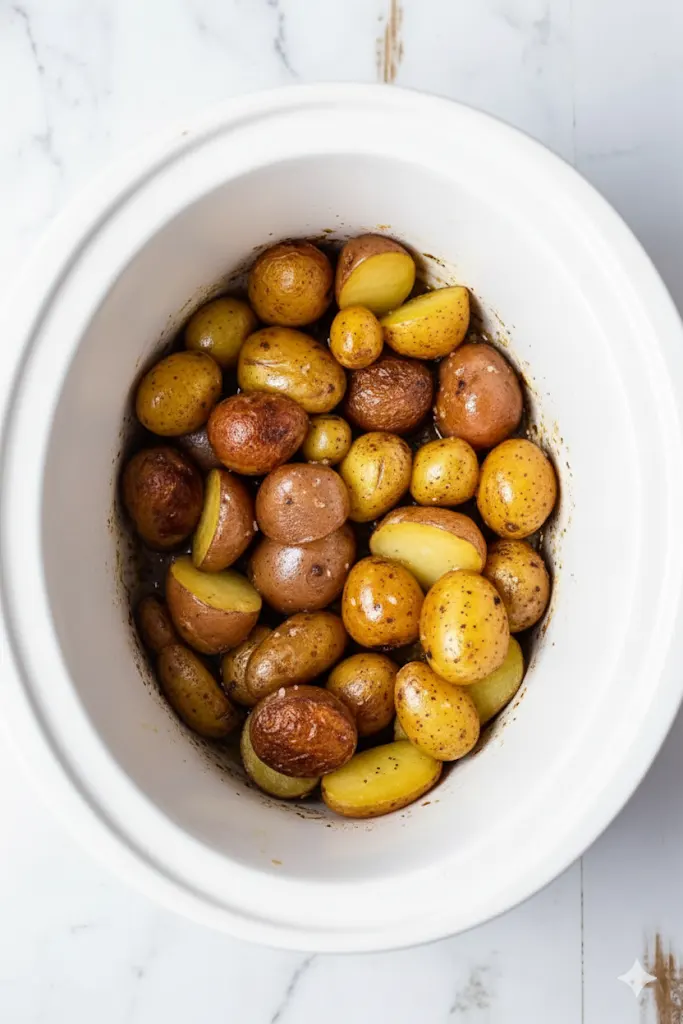 Seasoned baby potatoes cooked in a crock pot slow cooker
