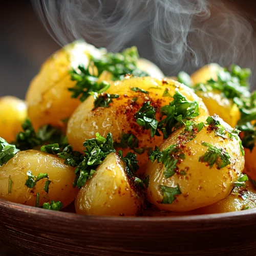 Steaming crock pot potatoes with garlic, parsley, and seasoning