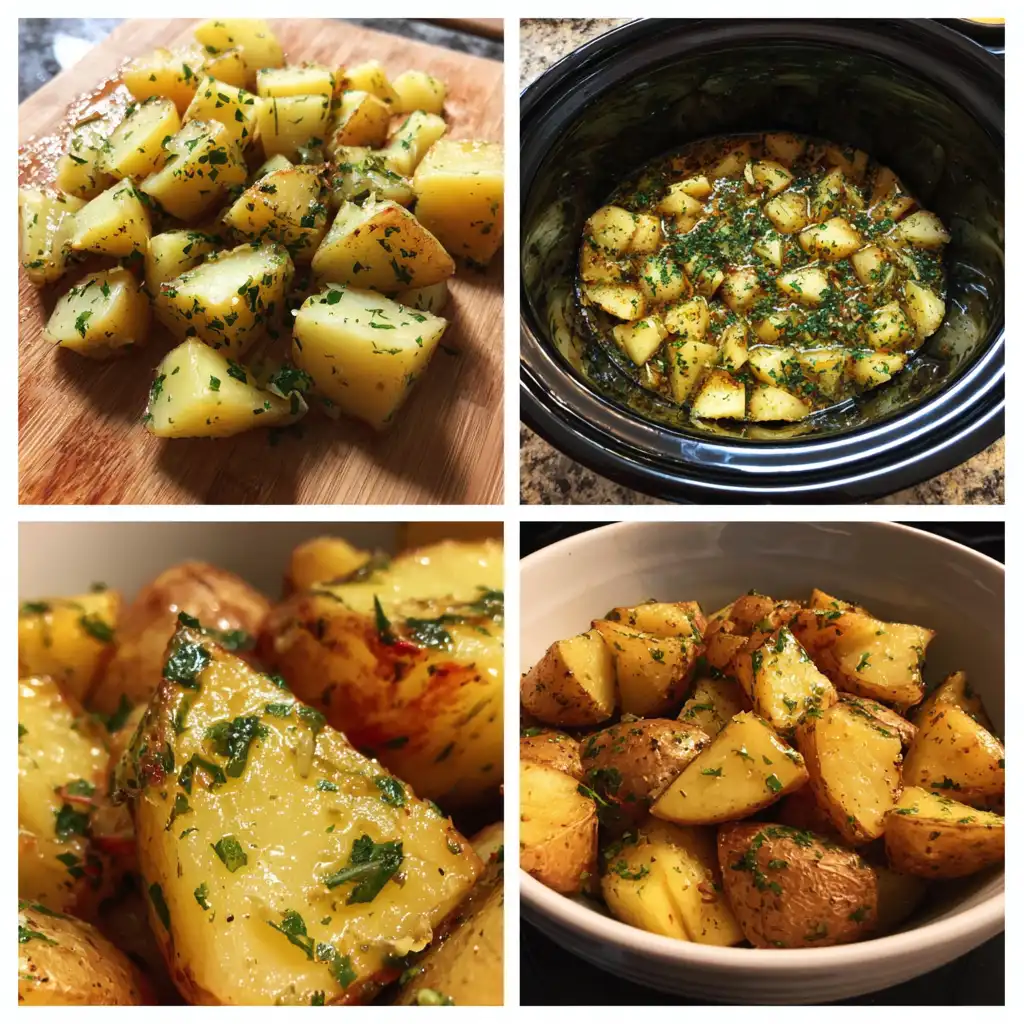 Step grid showing diced potatoes, seasoning, cooking in crock pot, and final serving.