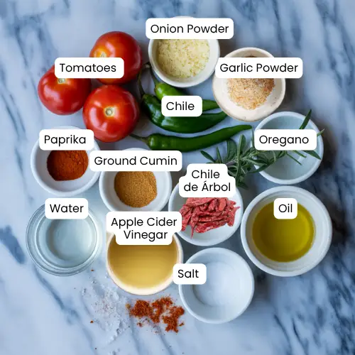 Overhead view of ingredients including tomatoes, spices, and chilies