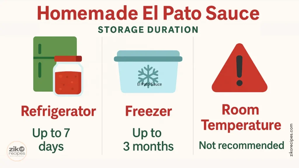 Infographic showing how to store El Pato Sauce in the refrigerator or freezer and which storage methods to avoid