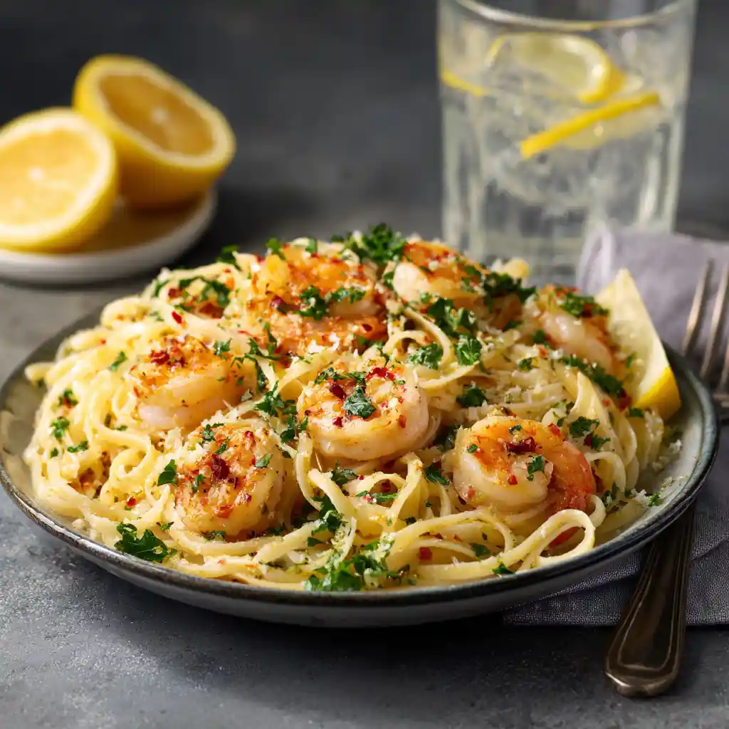 Bowl of creamy Cajun Shrimp Pasta with parsley and lemon wedge ready to serve