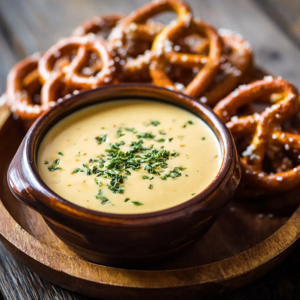 Bowl of creamy golden cheese sauce served with soft pretzels