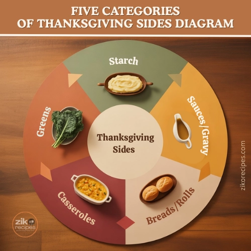 Infographic showing five categories of Thanksgiving sides: starch, greens, casseroles, sauces, and breads