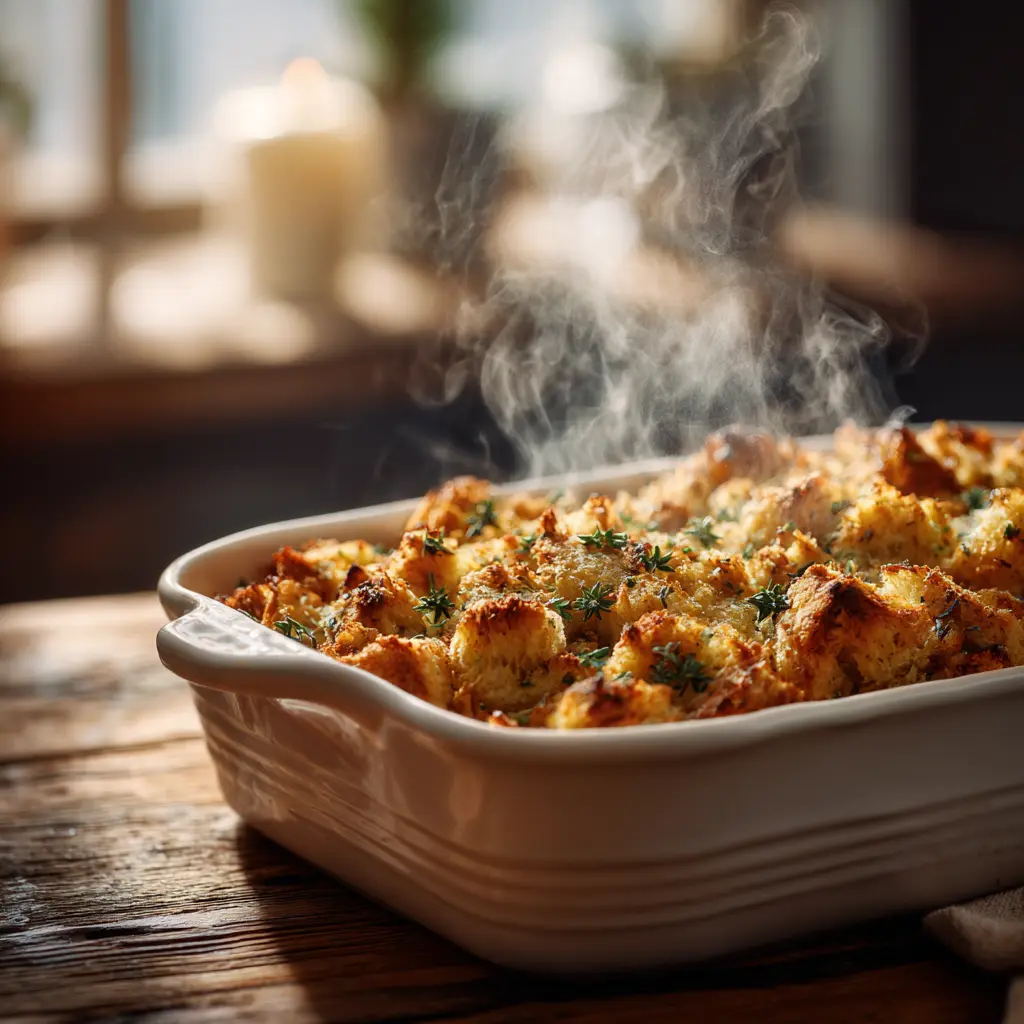 Golden baked stuffing with herbs in a white casserole dish, steam rising in a cozy Thanksgiving setting