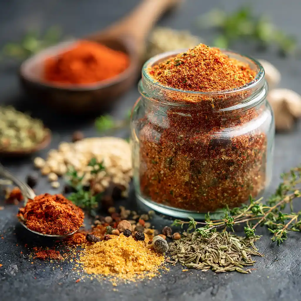 Jar of homemade Cajun seasoning mix with scattered spices on gray background